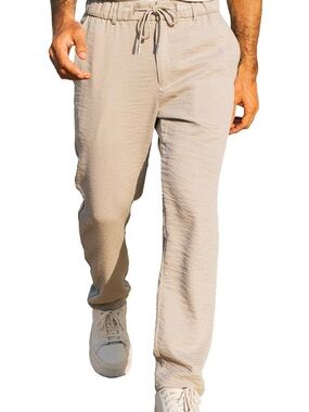Men's Drawstring Linen Joggers in Light Beige